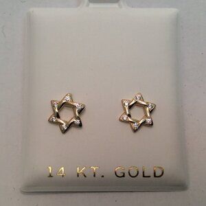 14k Real Yellow gold Star of David CZ Medium stud Screw back earrings